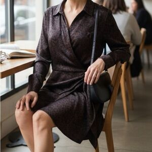 SCOOP Elegant Black and Brown Wrap Midi Dress